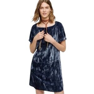 Anthropologie Floreat Blue Velvet Crinkle Short Sleeve Shift Dress Women Medium